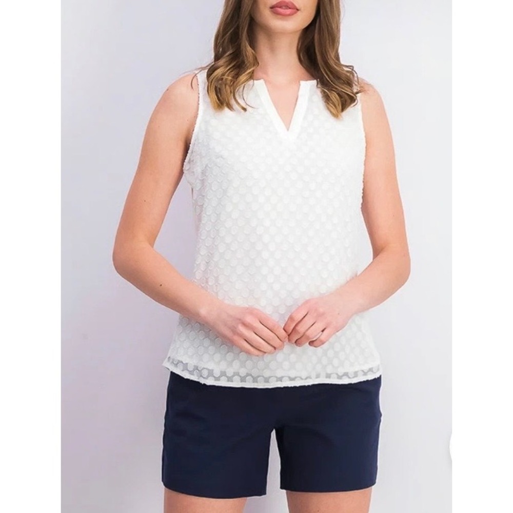 Market & Spruce White Clip Dot Split Neck Sleeveless Blouse Women's M